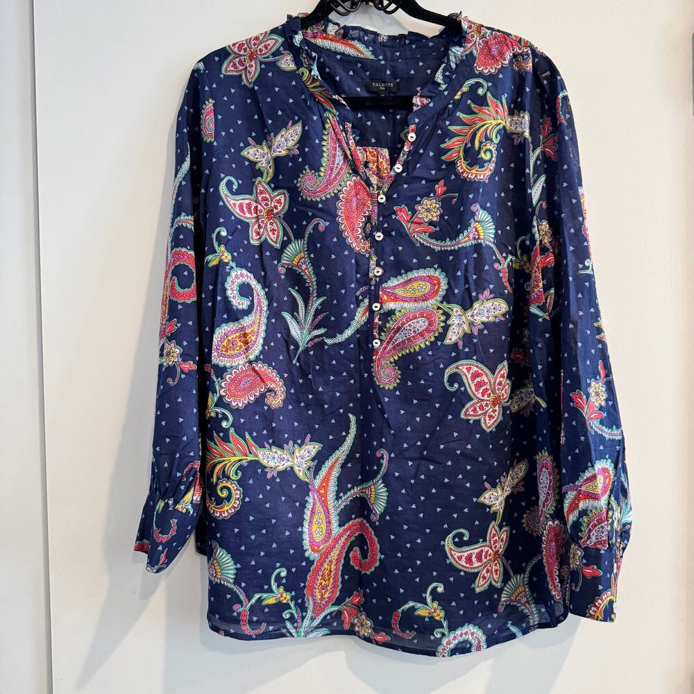 Talbots Band Collar Popover Top Blue Round Split Neck Long Sleeve Sz 1X